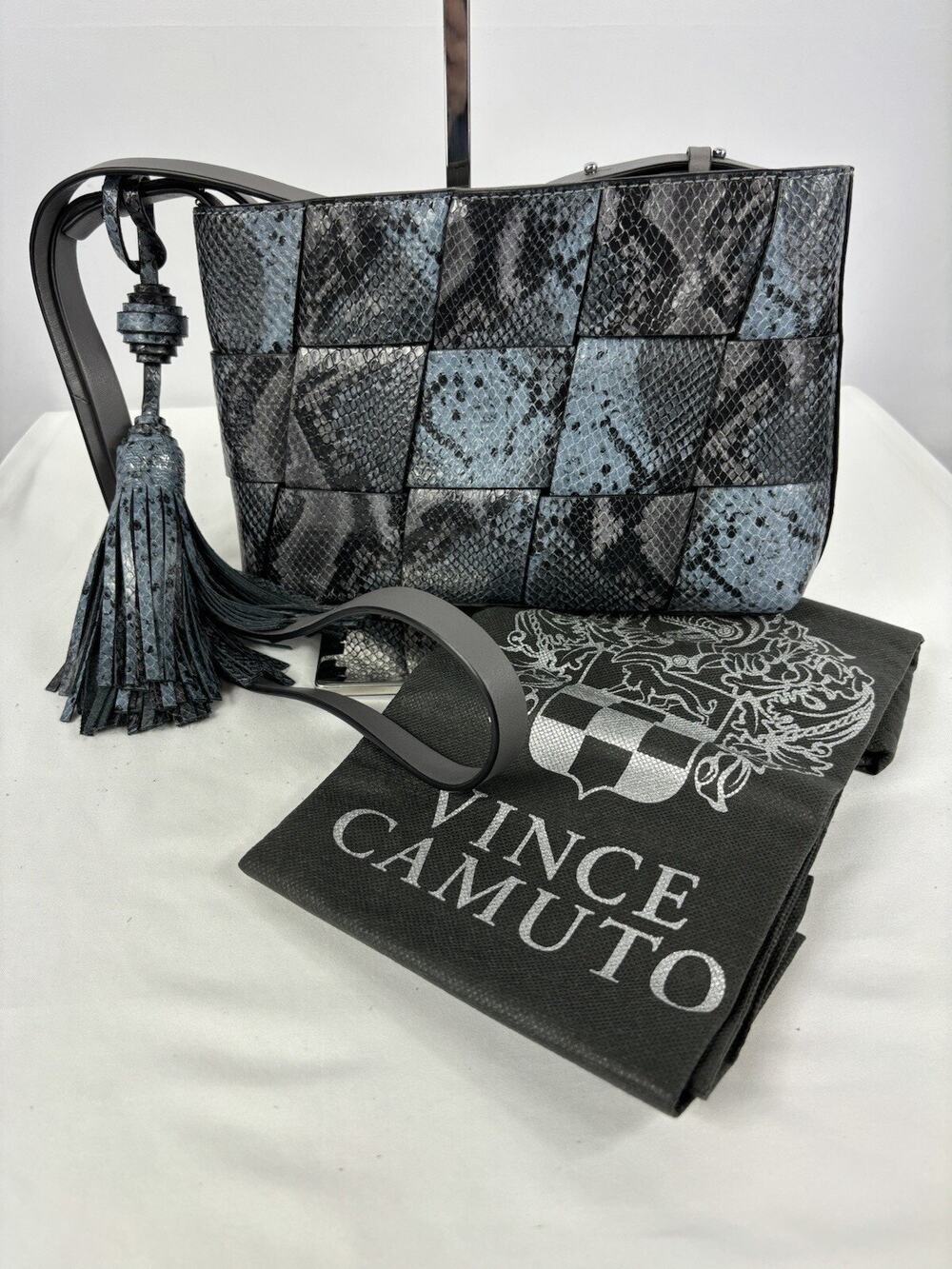 Vince Camuto Josy Woven Leather Crossbody Bag Grey Blue Multi Tassel Reptile